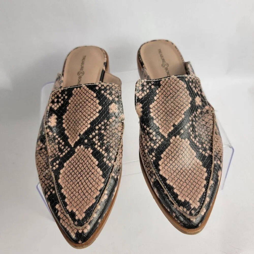Treasure & Bond Womens 6.5 Tan Snake Print Slip On Mules‎ Business Casual Office